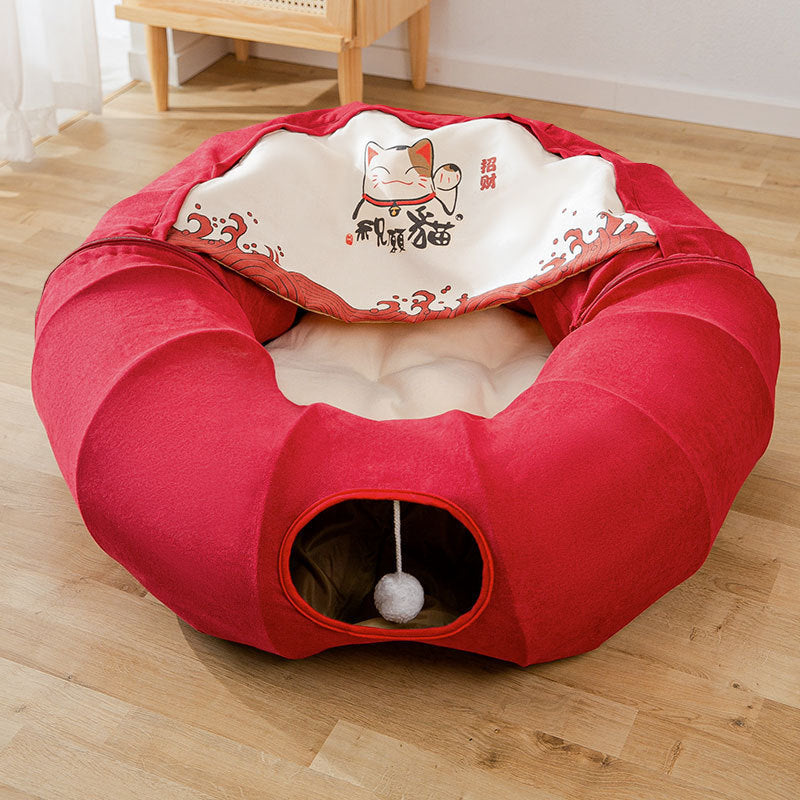 Cat's Nest Tunnel Bed red donut tunnel with washable removable cover and hanging pom ball on Tampa Home & Garden Store