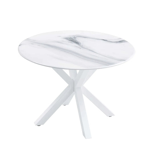 Round white dining table with marble MDF top and white X-frame base for 4-6 on Tampa Home & Garden Store