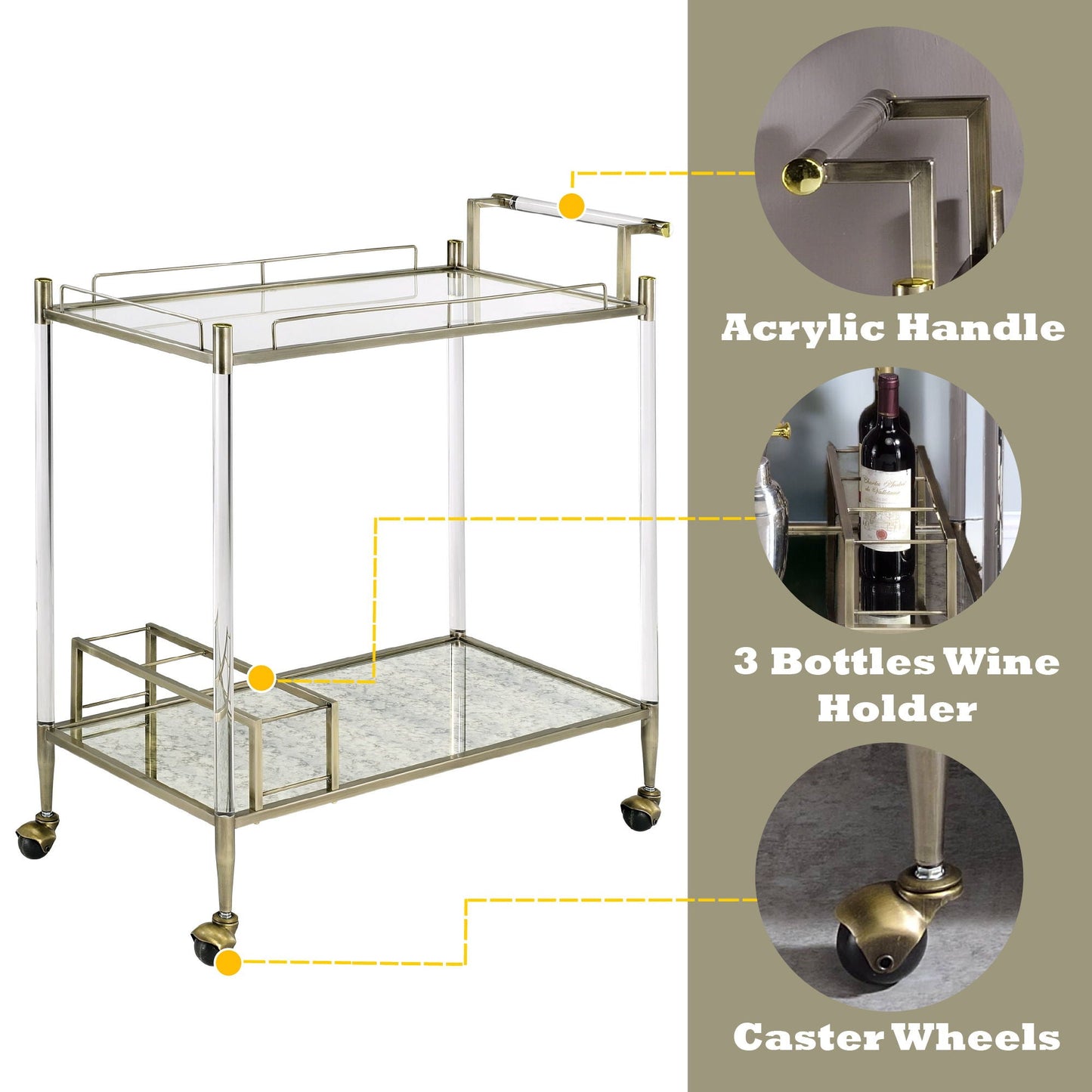 Cirro Antique Mirror Wire Brass Serving Cart with glass shelf, caster wheels HouseOfZazla on Tampa Home & Garden Store