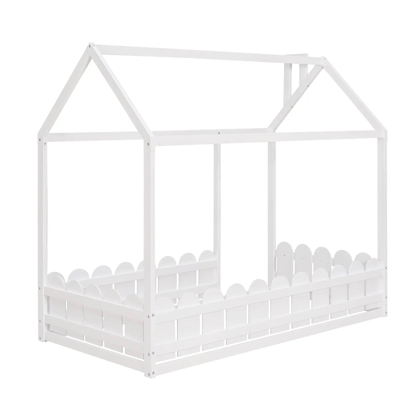 Twin Wood Bed House with Fence for Kids White