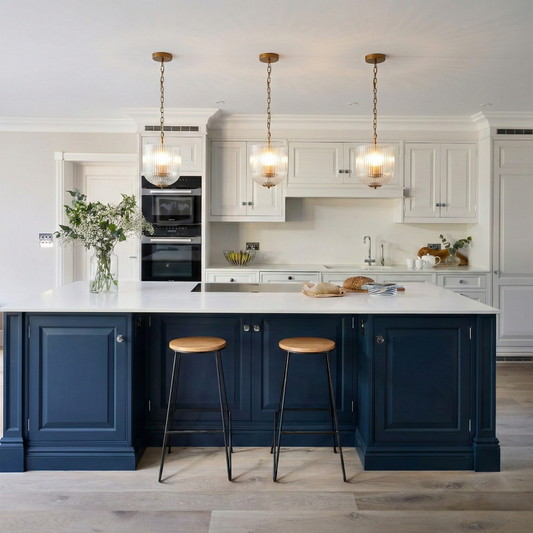 Garnet Pendant Lamp Coarse three ribbed glass shades with brass chains over kitchen island on Tampa Home & Garden Store