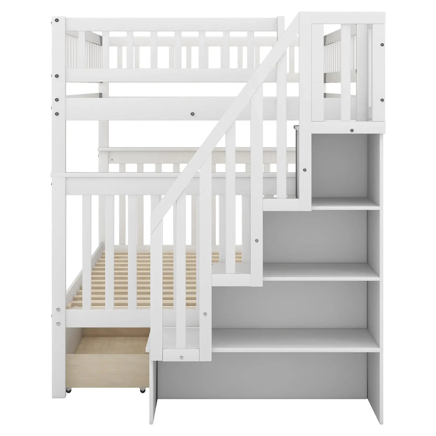 Full over full white bunk bed with drawers and storage, wooden ladder on Tampa Home & Garden Store