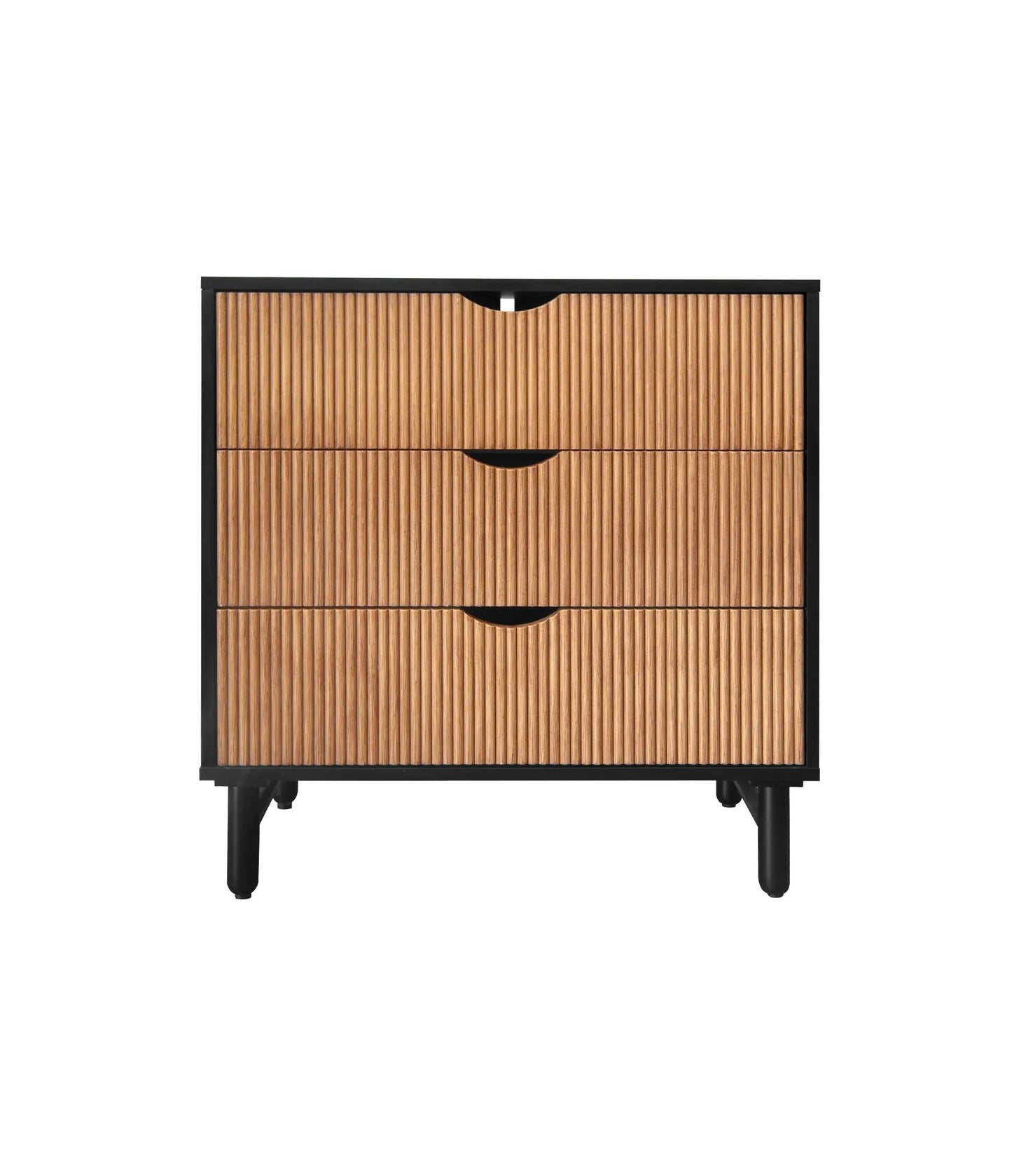 3-drawer cabinet with vertical wood slats, black powder-coated frame, curved notch pulls on top drawers on Tampa Home & Garden Store