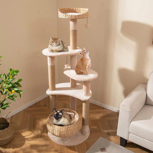 Beige cat tree with perch and hammock by DirectDeals, tall sisal posts and cozy platforms with lounging cats on Tampa Home & Garden Store