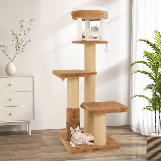 65 Inches Tall Cat Tree with Self-groomer and Removable Cat Bed-Coffee - Tampa Home & Garden Store