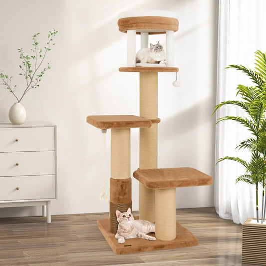 65 Inch Cat Tree with Self Groomer and Removable Bed beige plush, sisal posts DirectDeals on Tampa Home & Garden Store