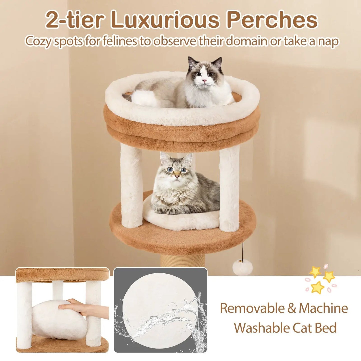 65 Inch Cat Tree with Self Groomer and Removable Bed, plush beige/brown rings, 2 cats on Tampa Home & Garden Store