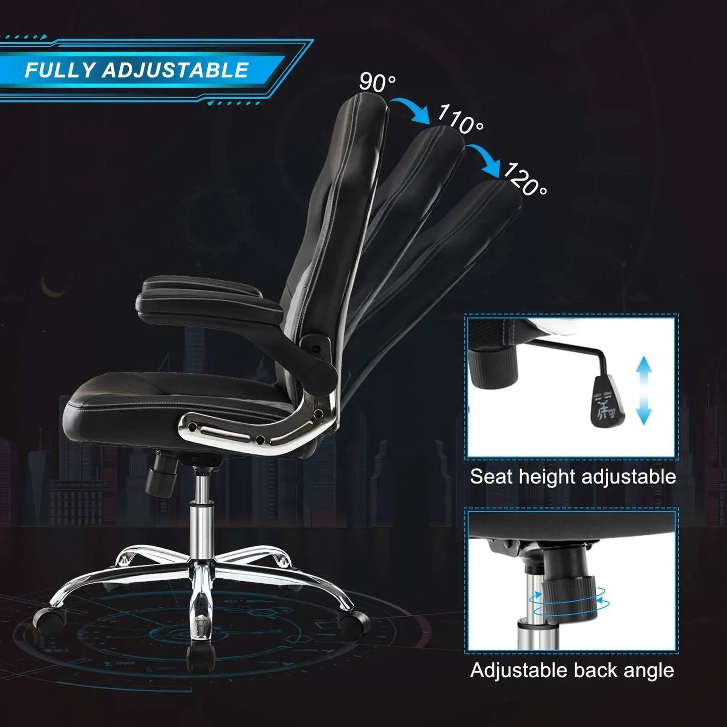 Ergonomic gaming chair with flip-up armrests, black leather, height and back angle adjustable on Tampa Home & Garden Store