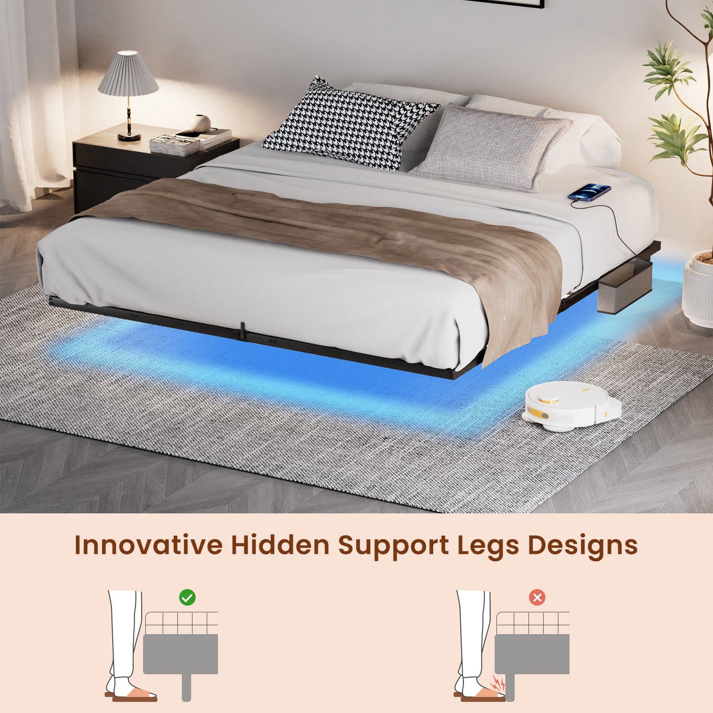 Estructura de cama flotante King Size con luces LED y estación de carga, plataforma de cama queen de metal, 202.9 cm de largo x 193.5 cm de ancho x 20 cm de alto.