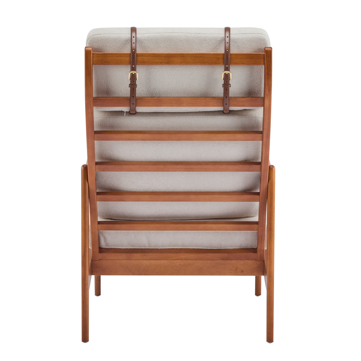 Mid Century Modern Accent Armchair with beige upholstery, wood frame, and leather straps on Tampa Home & Garden Store