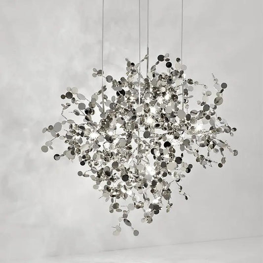 Nordic Minimalist Window Bar Tree Leaf Chandelier with silver metal discs on Tampa Home & Garden Store