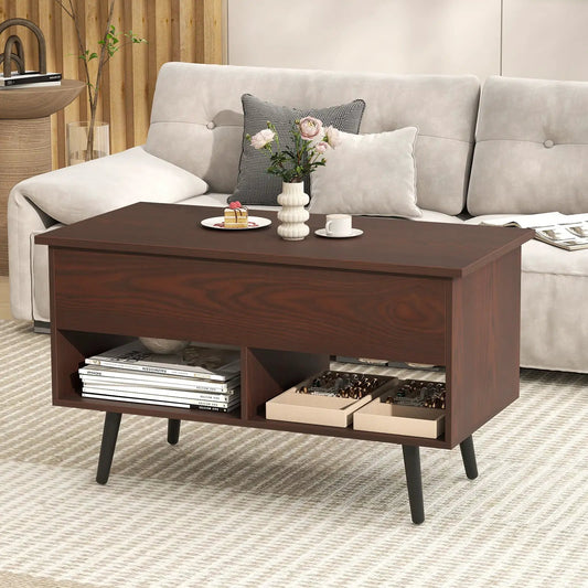 Lift-top coffee table with hidden storage in dark walnut finish and open lower shelves for magazines on Tampa Home & Garden Store