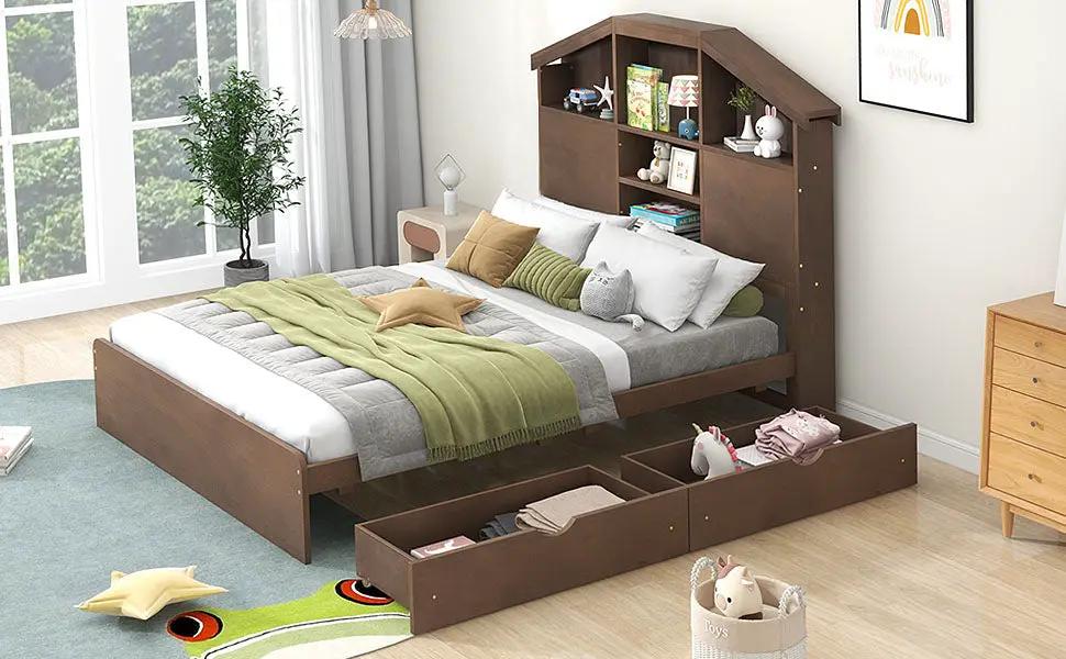 Full-size wood platform bed with storage headboard in dark wood with under-bed drawers on Tampa Home & Garden Store