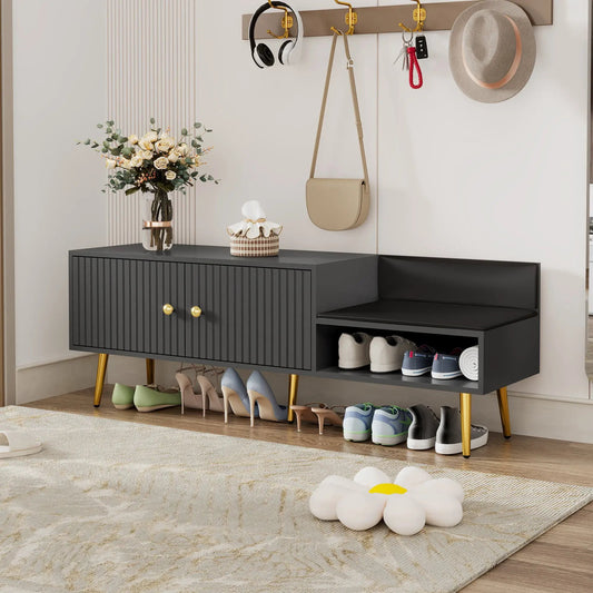 Modern gray shoe storage bench with cushions and gold legs for entryway storage on Tampa Home & Garden Store