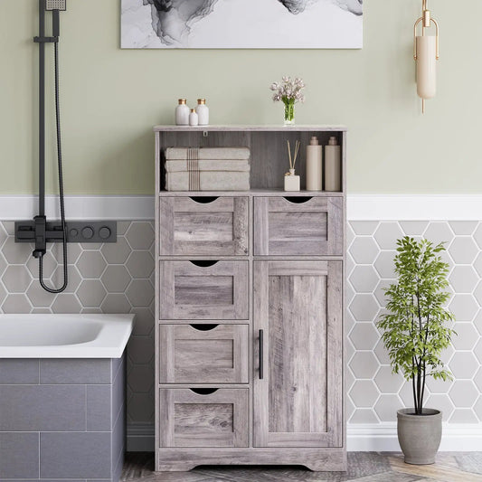 Grey wood storage cabinet with doors and open shelf, 5 drawers, bathroom setup with towels on Tampa Home & Garden Store