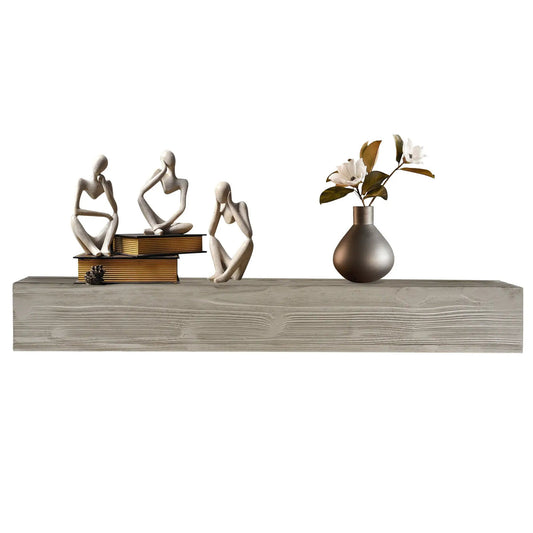 60 Inch Rustic Wood Fireplace Mantel and Shelf with 3 wooden figures and a bronze vase on Tampa Home & Garden Store