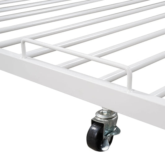 White metal platform bed frame with rail crossbars and a wheeled caster foot on Tampa Home & Garden Store
