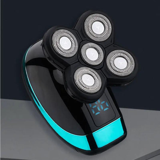Rechargeable five-blade rotary shaver with black body and turquoise trim, digital display on Tampa Home & Garden Store