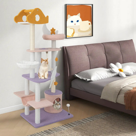 66 Inch Cat Tree Tower with Purple Sisal Posts by DirectDeals, pink and purple platforms, hanging toy, 2 cats on Tampa Home & Garden Store