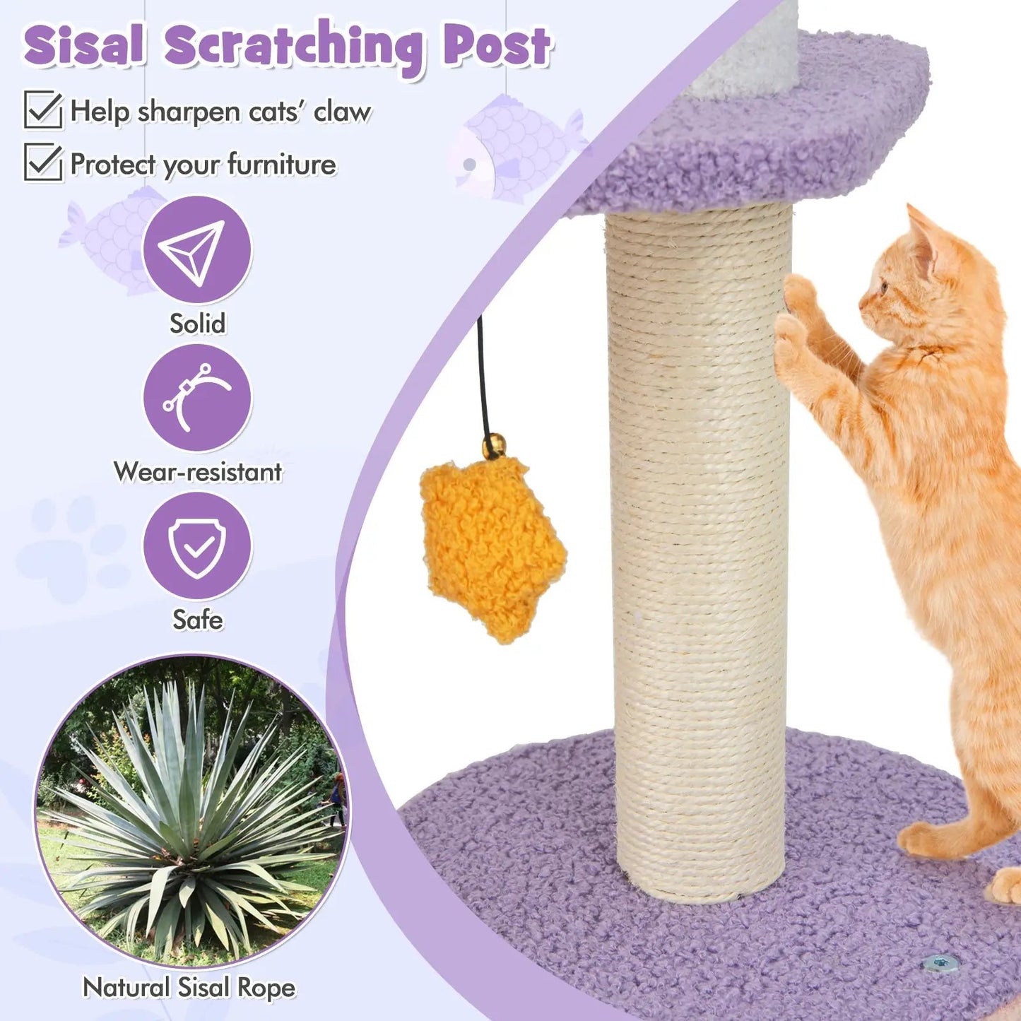 66 Inch Cat Tree Tower with Purple Accents and Sisal Posts, hanging toy on Tampa Home & Garden Store