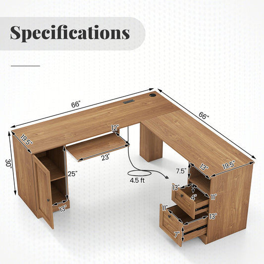 66 Inch L-Shaped Writing Study Workstation Computer Desk with Drawers - Tampa Home & Garden Store