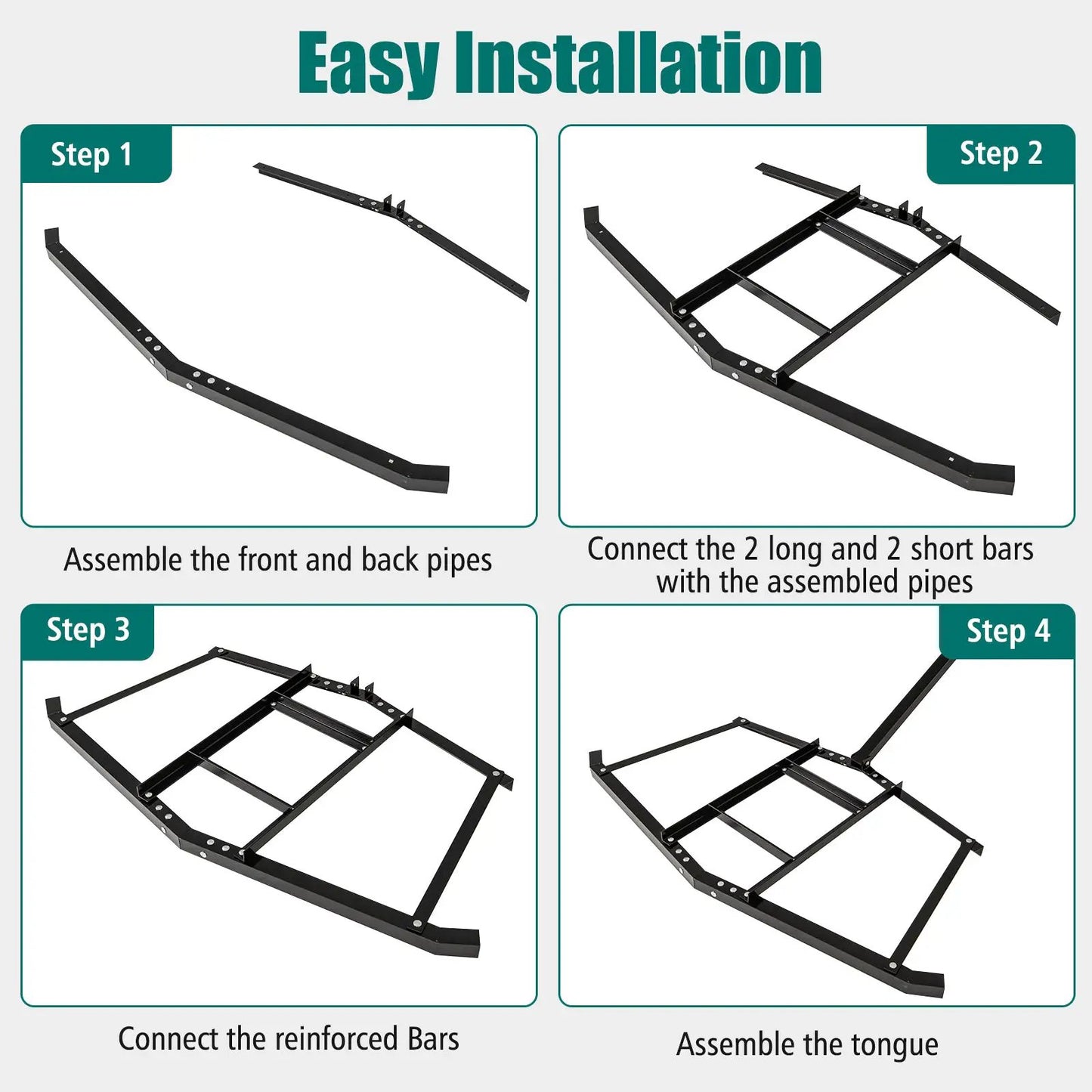 66 Inch Driveway Drag Tow Behind Leveling Rake with black reinforced bars shown in diagram on Tampa Home & Garden Store