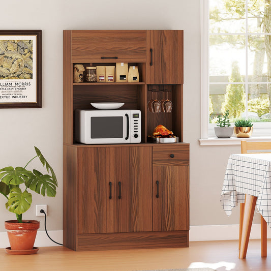 66 inch Pantry Cabinet with Charging Station and Microwave Stand-Brown
