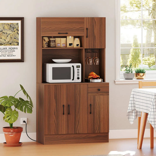 66 Inch Pantry Cabinet with Charging Station and Microwave Shelf, brown wood finish on Tampa Home & Garden Store