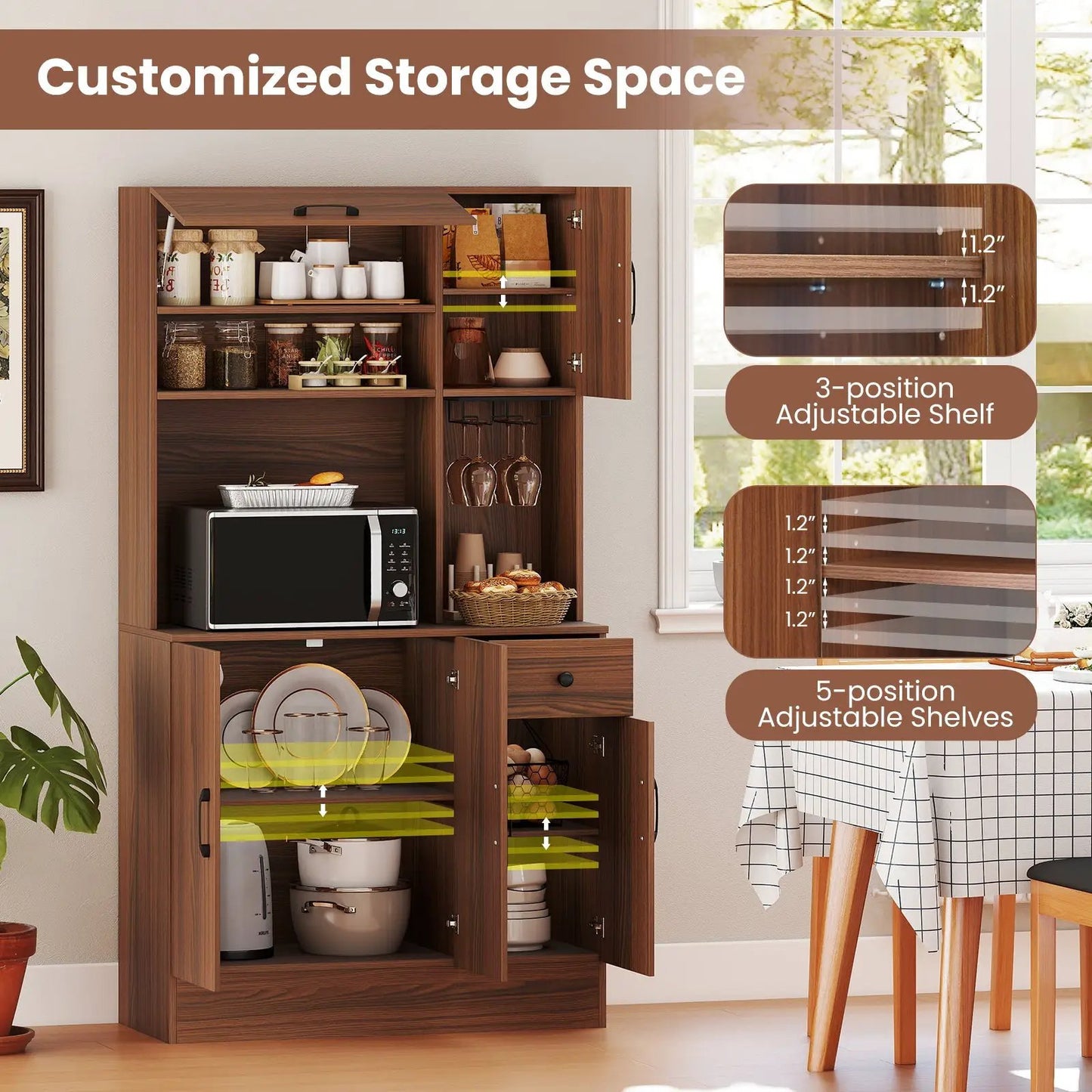 66 Inch Pantry Cabinet with Charging Station brown wood finish with microwave stand and shelves on Tampa Home & Garden Store