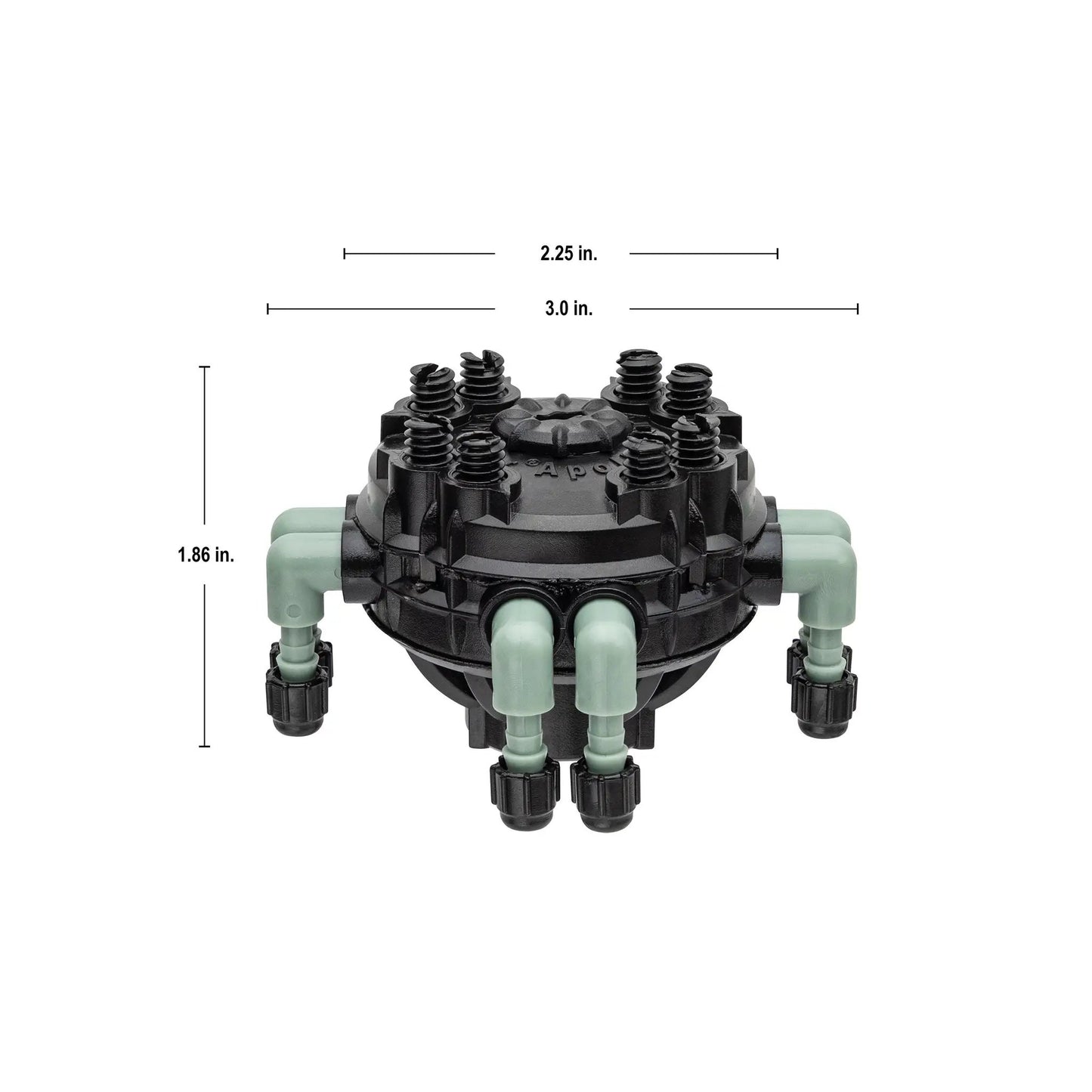 8-Port Adjustable Drip Manifold Orbit Irrigation, black plastic with green tubing connectors on Tampa Home & Garden Store