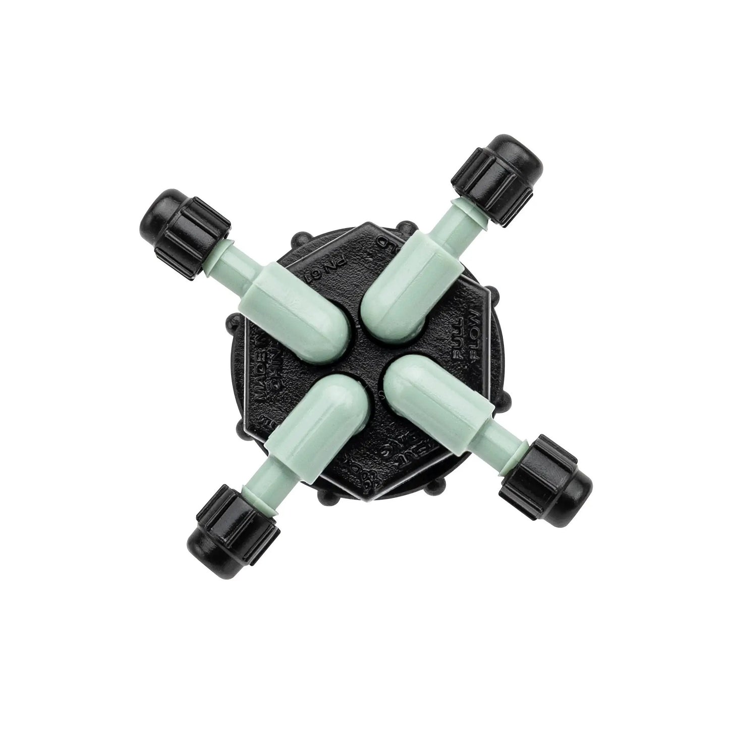 Orbit Irrigation four-port full-flow drip manifold 67025 black body with lightgreen fittings on Tampa Home & Garden Store