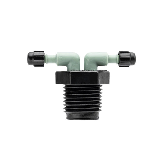Orbit half-inch MPT to quarter barb drip manifold with green body and black fittings on Tampa Home & Garden Store