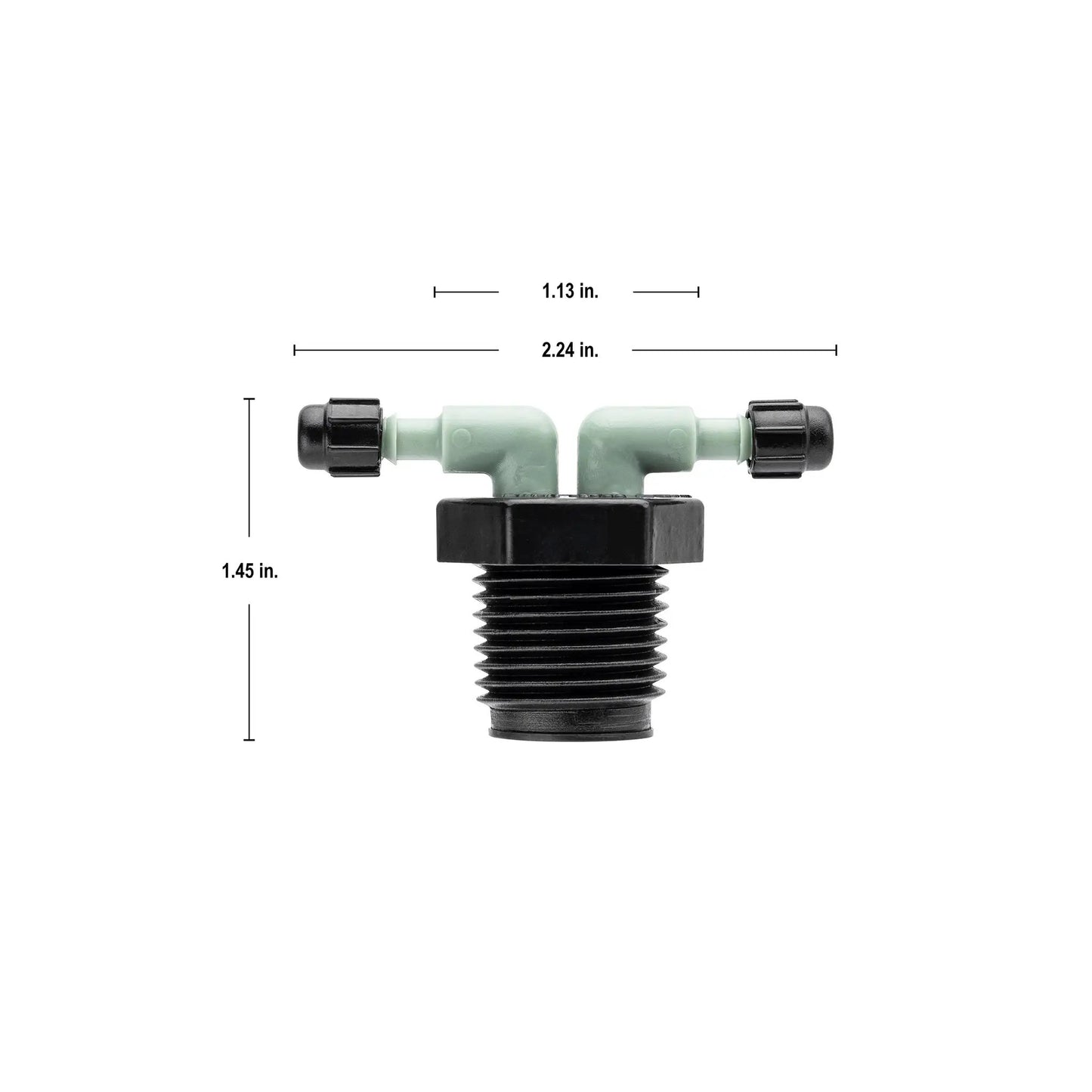 Half-inch MPT to quarter-barb drip manifold, green body with black end caps on Tampa Home & Garden Store
