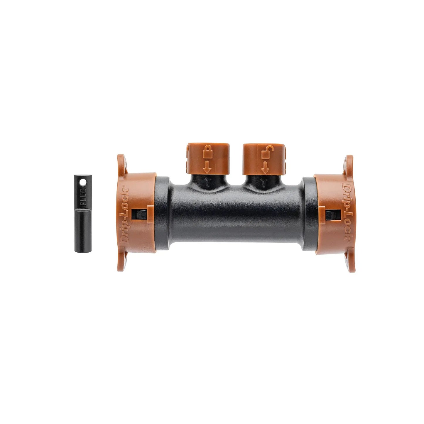 Orbit Drip-Lock 1/2 in x 1/4 in 2-port drip manifold with brown fittings on black body on Tampa Home & Garden Store