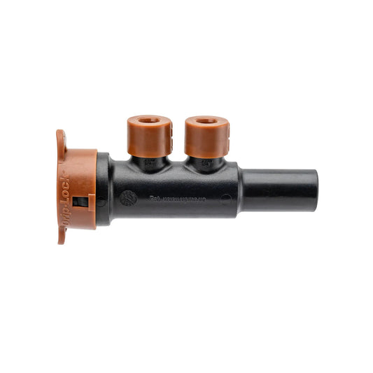 Drip-Lock 2-Port Extension Manifold 1/2–1/4, Orbit Irrigation, orange ports on black body on Tampa Home & Garden Store