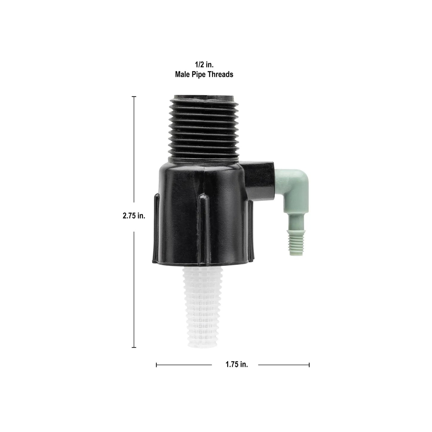 Half inch FPT to 1/4 barb drip manifold Orbit Irrigation, black plastic with green outlet on Tampa Home & Garden Store