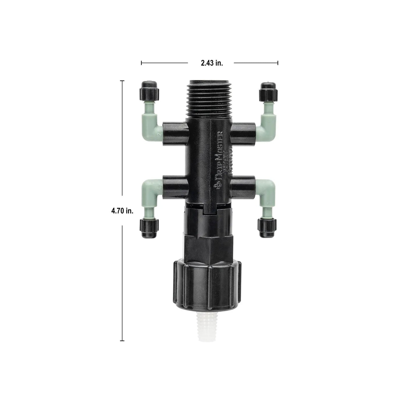 Orbit 4-port drip manifold black body with green connectors and top 1/2 in threaded inlet on Tampa Home & Garden Store