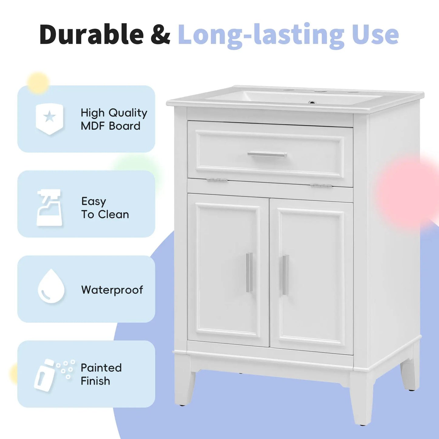 Tocador de baño de 24" con lavabo, mueble de tocador de baño con un cajón basculante y puertas, madera maciza y MDF, blanco