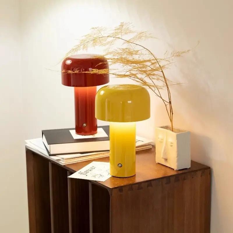 Light Luxury Mushroom Bedside Lamps USB Charging yellow and red glossy lamps on a wooden cabinet on Tampa Home & Garden Store