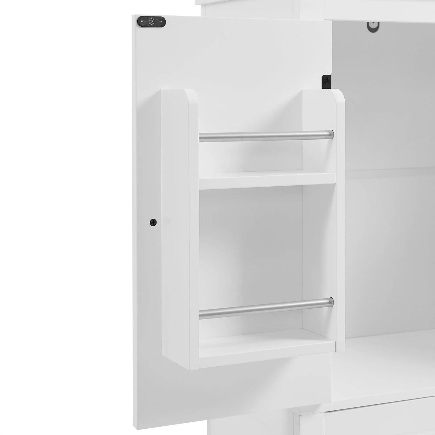 White freestanding bathroom storage cabinet with chrome towel bar and open shelf on Tampa Home & Garden Store