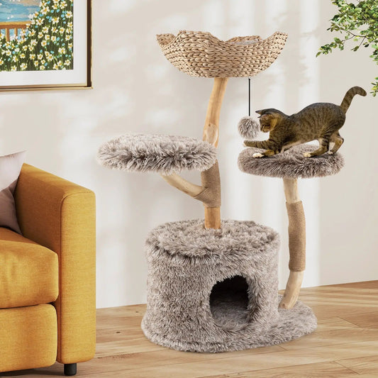 Solid pear wood cat tree with two plush gray perches and sisal posts on Tampa Home & Garden Store