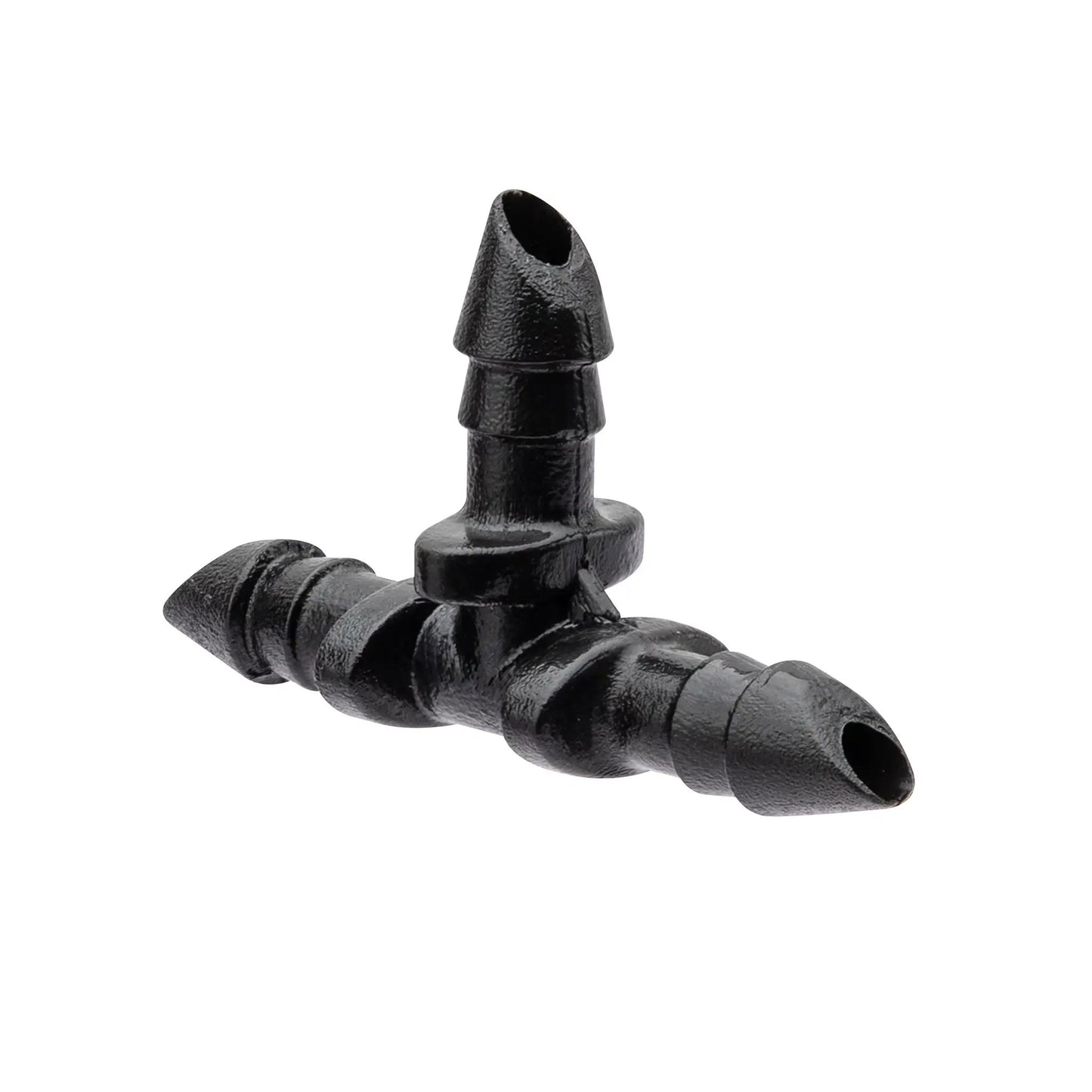 Drip irrigation 1/4 barb tee for 1/4 in tubing, black plastic, 25-pack on Tampa Home & Garden Store