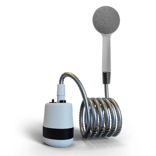Portable outdoor shower with battery-powered handheld head, white base and coiled chrome hose on Tampa Home & Garden Store