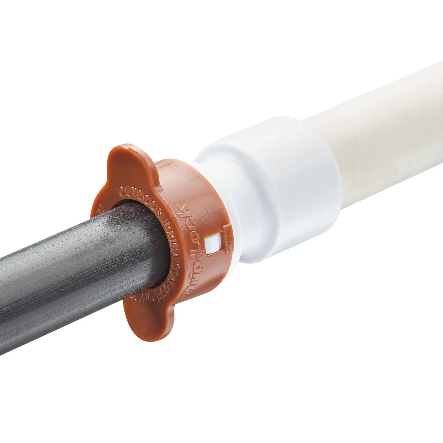 Drip-Lock PVC Adapter 3/4 to 1/2 in Orbit Irrigation with orange clamp on black PVC pipe on Tampa Home & Garden Store