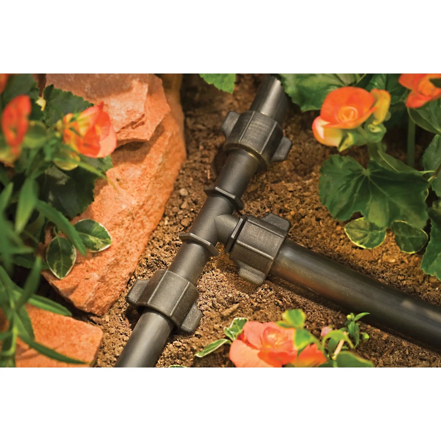 1/2 Universal Drip Coupling for Tubing black plastic irrigation connector in a garden bed on Tampa Home & Garden Store