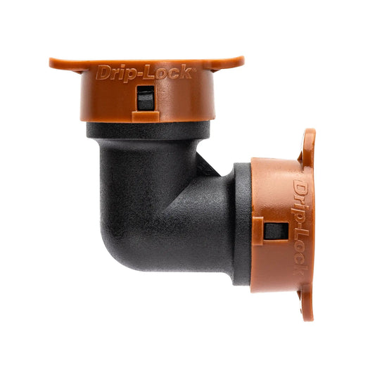 Half Inch Drip-Lock Elbow for Tubing with orange cap and black body Orbit Irrigation on Tampa Home & Garden Store