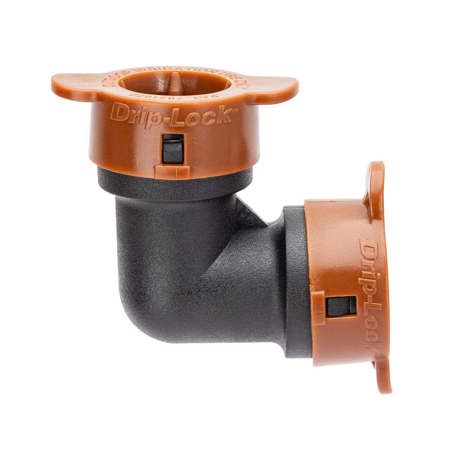 Half-inch Drip-Lock elbow fitting with orange cap on black body Orbit Irrigation on Tampa Home & Garden Store