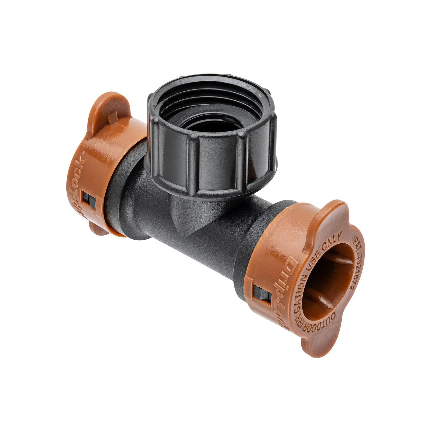 Three Quarter FHT Swivel Drip-Lock Tee by Orbit Irrigation, 1/2 in outlets, orange clamps on Tampa Home & Garden Store