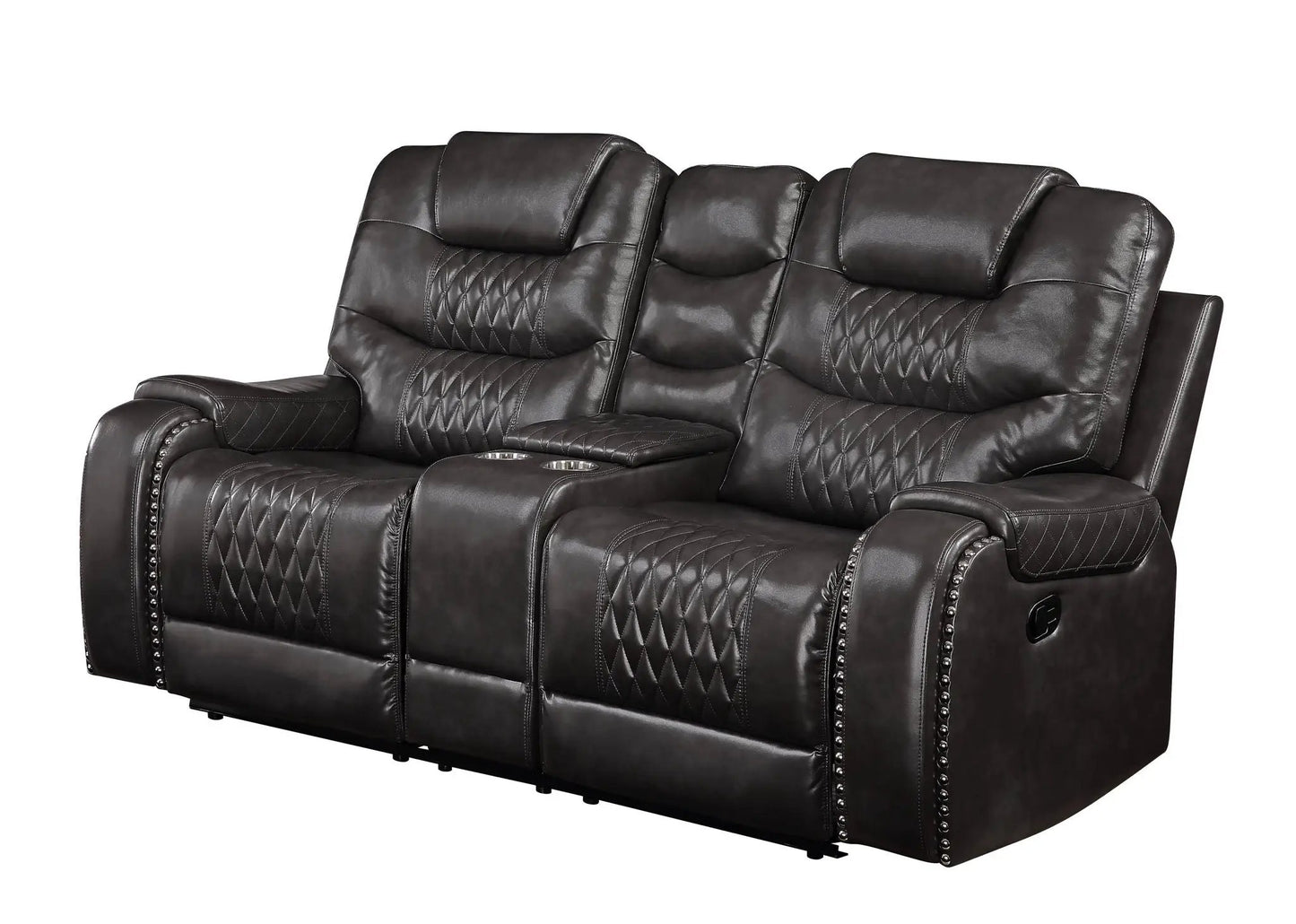 Braylon brown recliner loveseat with cupholder console, leather and diamond stitching on Tampa Home & Garden Store