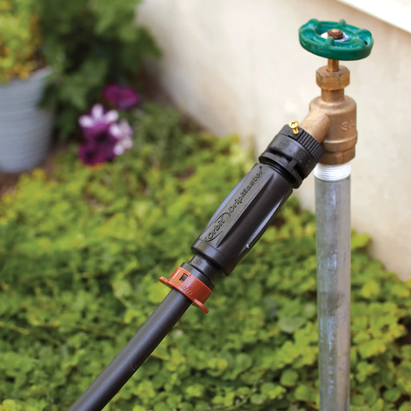 Drip Lock 3-in-1 Filter and Regulator Adapter on brass irrigation valve with green wheel handle. on Tampa Home & Garden Store